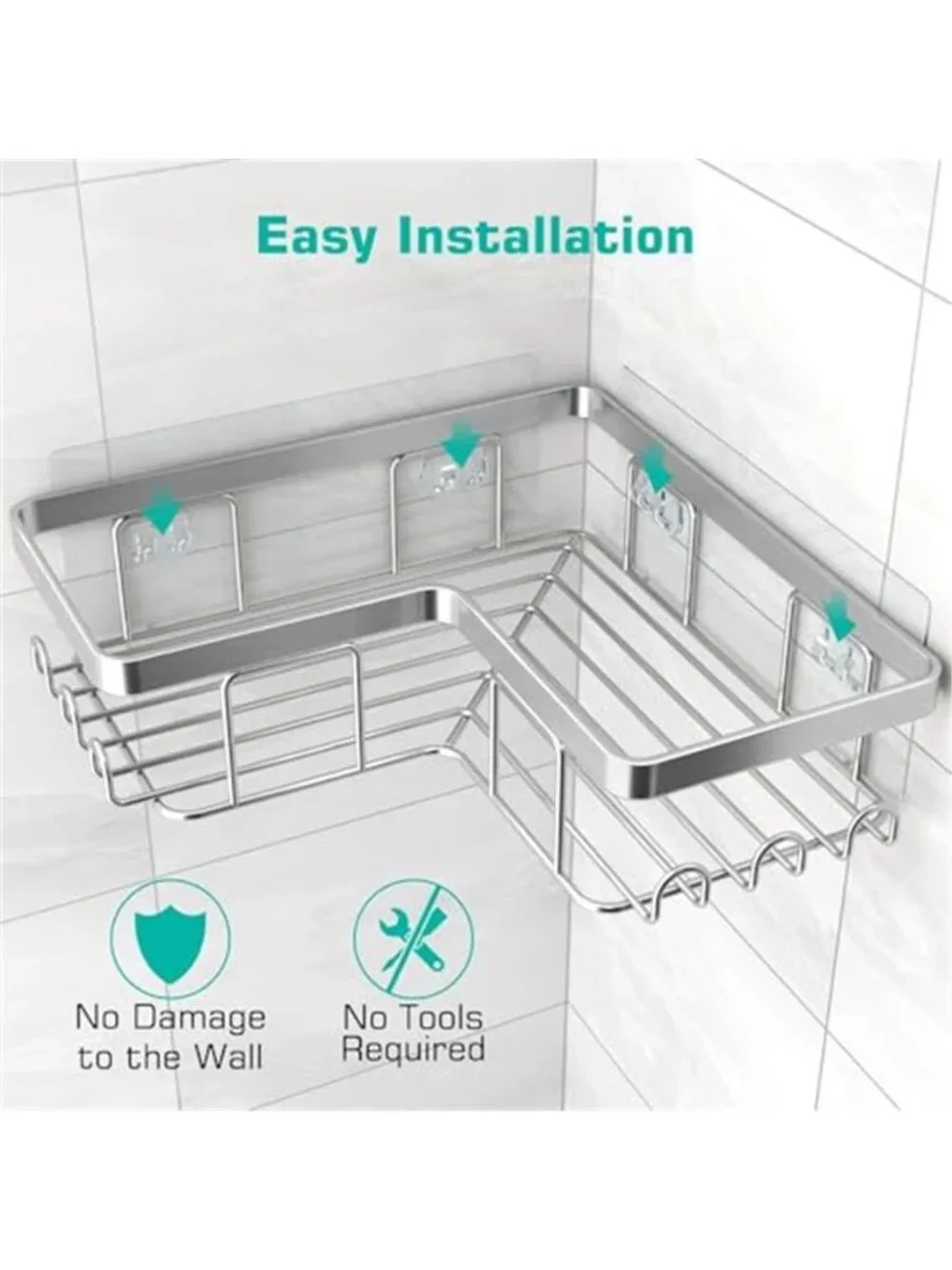 Corner Adhesive Shower Caddy, with Soap Holder and 12 Hooks, Rustproof Organizer